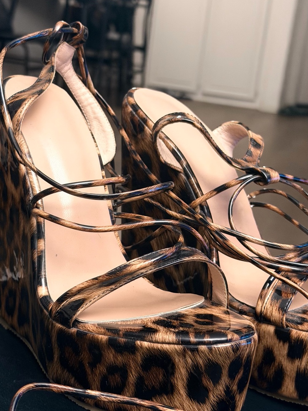 SHEIN Leopard-Print Platform Wedge Sandals - Brown Black Lace-Up